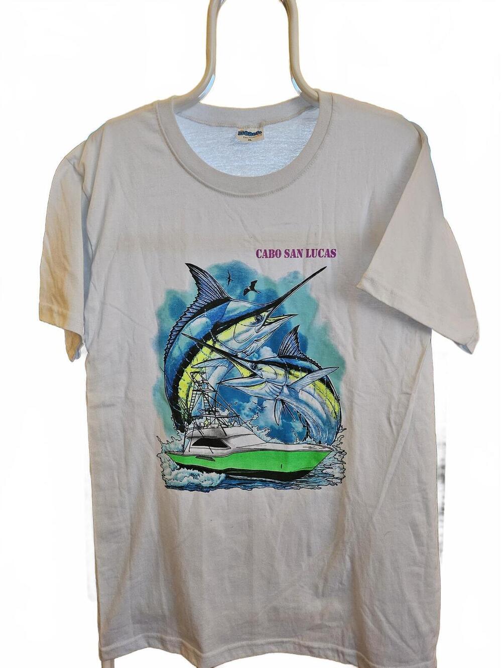 Cabo San Lucas Marlin souvenir Tee T-SHIRT - XL - Beach Factory- white EUC